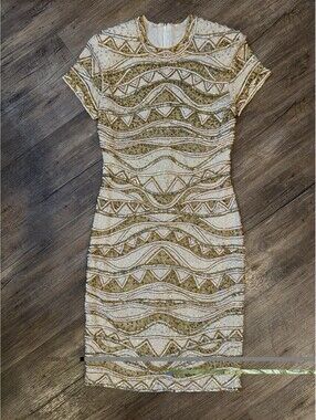 Vintage Naeem Khan Riazee Silk Beaded Sequin Sheath Dress Ivory Gold Waves Sz M